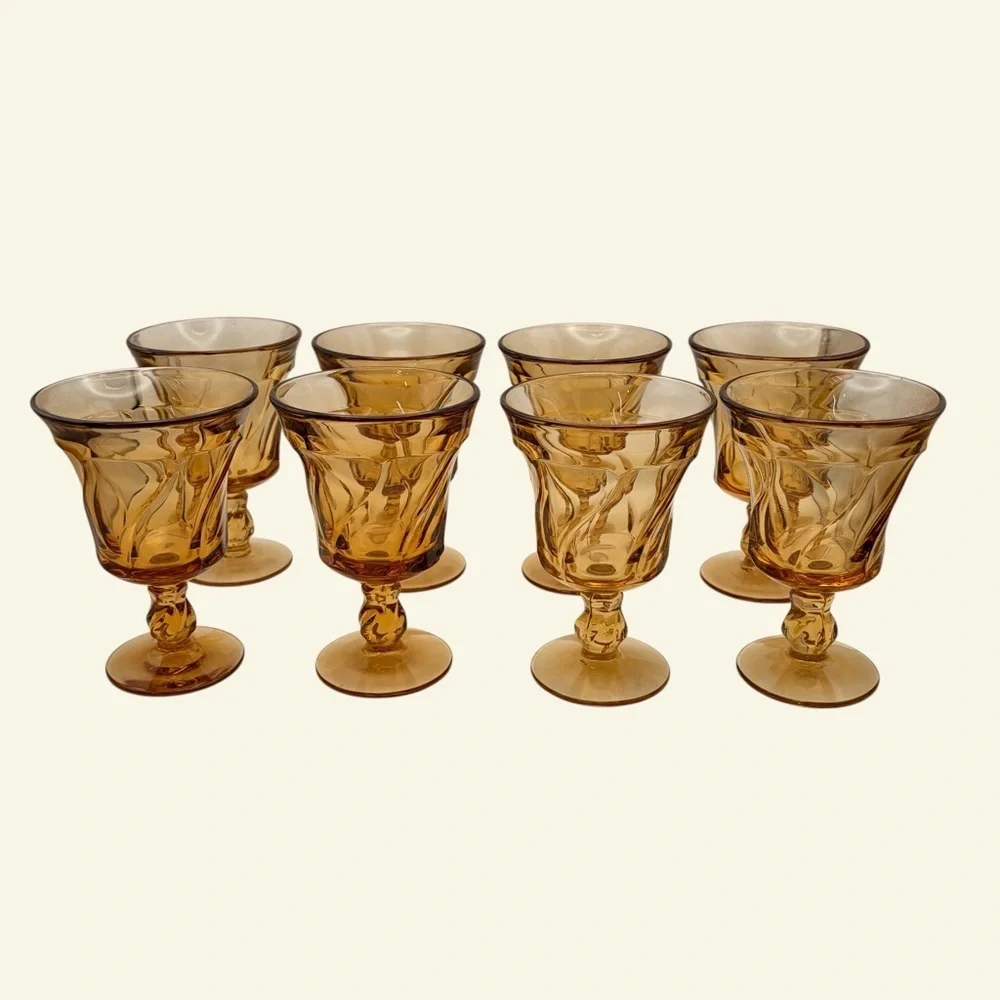 8  Fostoria Jamestown Amber VTG 1970’s Goblets water glasses, tea glasses
